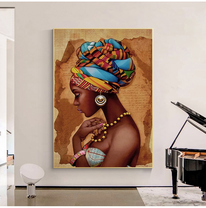 African Art Woman Painting Prints on Canvas Beauty Girl Scandinavian Posters Wall Art Picture for Living Room Horse Decor