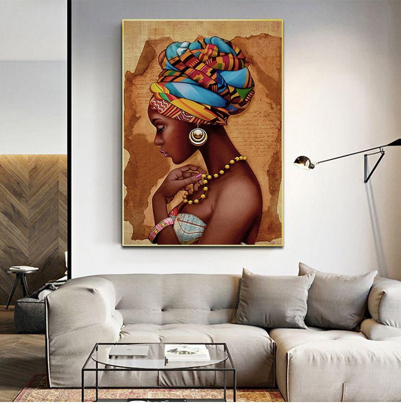 African Art Woman Painting Prints on Canvas Beauty Girl Scandinavian Posters Wall Art Picture for Living Room Horse Decor