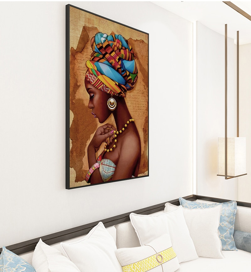 African Art Woman Painting Prints on Canvas Beauty Girl Scandinavian Posters Wall Art Picture for Living Room Horse Decor