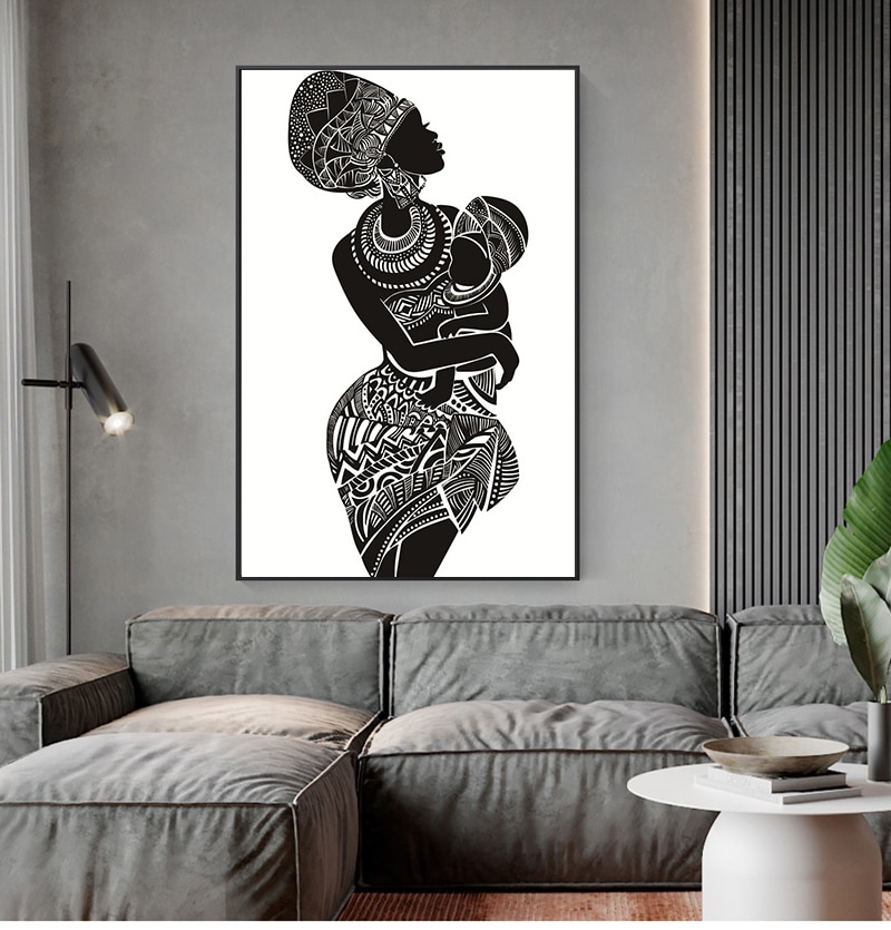 White Wall Picture Poster Print Home Decor Beautiful African Woman With Baby Bedroom Wall Art Canvas Painting Black and