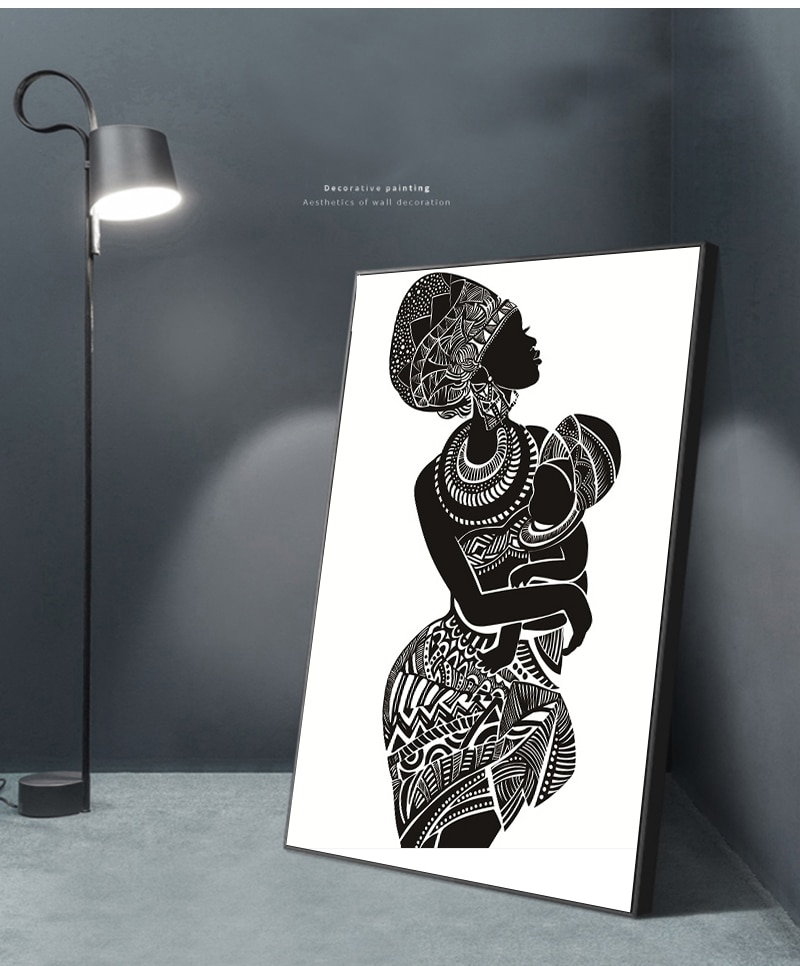 White Wall Picture Poster Print Home Decor Beautiful African Woman With Baby Bedroom Wall Art Canvas Painting Black and