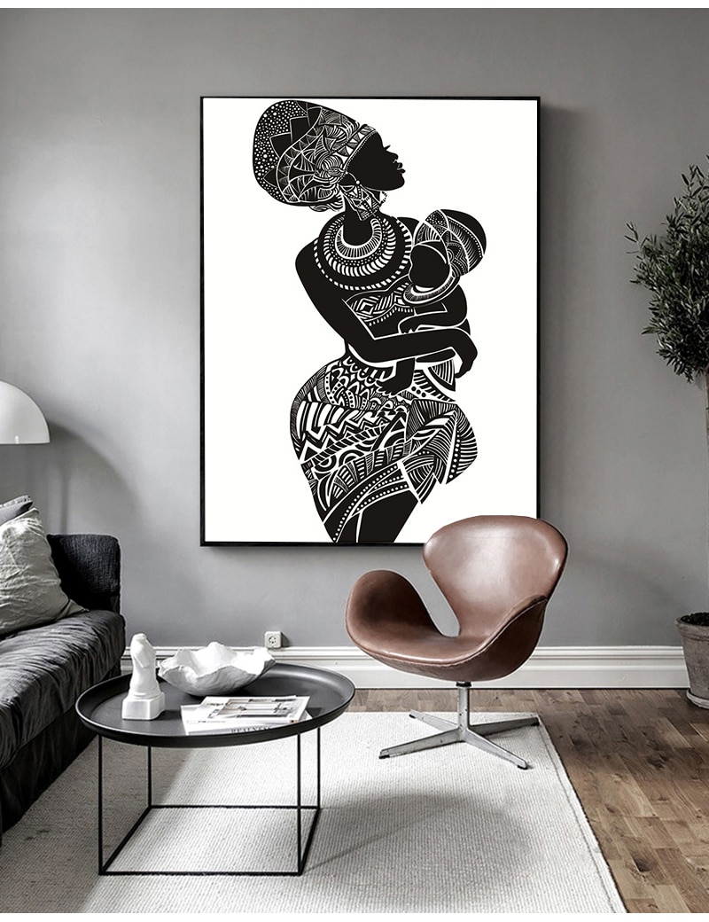 White Wall Picture Poster Print Home Decor Beautiful African Woman With Baby Bedroom Wall Art Canvas Painting Black and