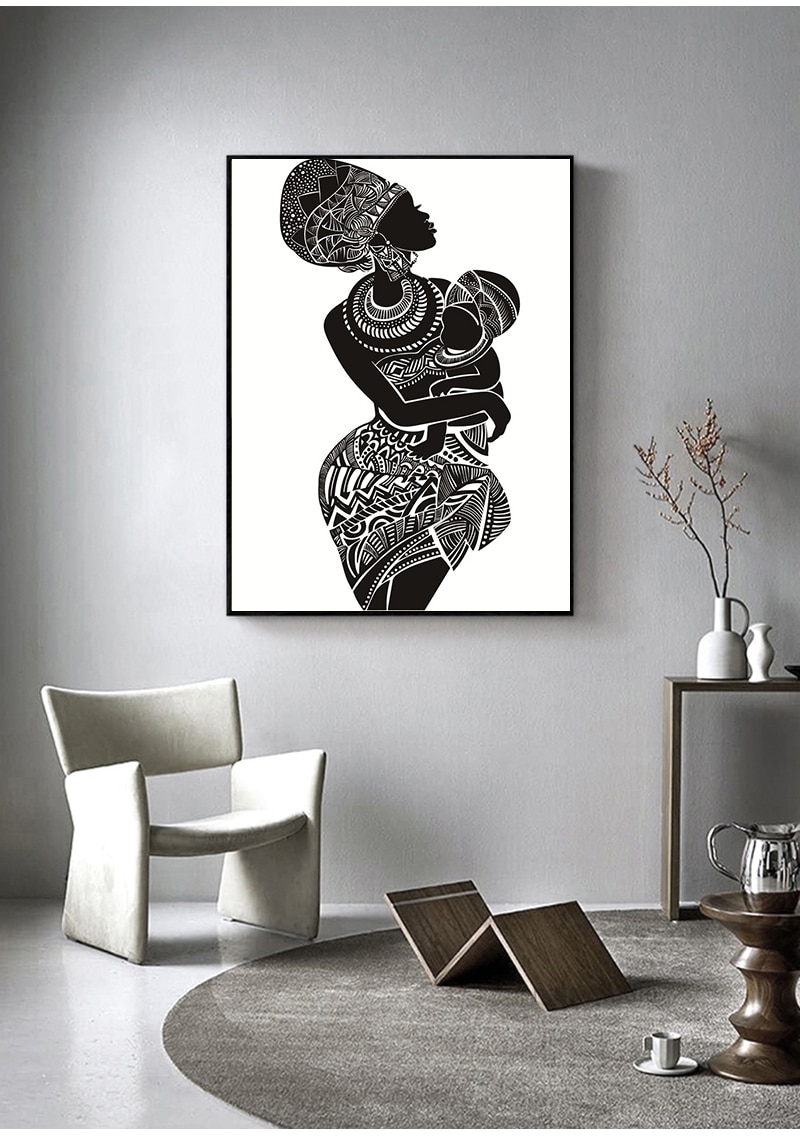 White Wall Picture Poster Print Home Decor Beautiful African Woman With Baby Bedroom Wall Art Canvas Painting Black and