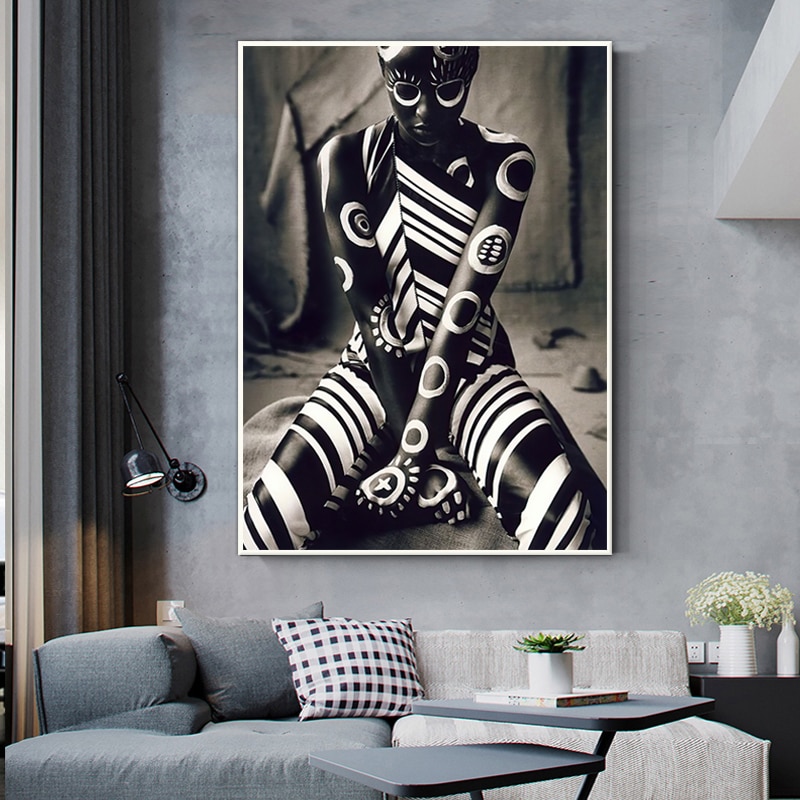 Black and White Pattern African Woman Poster HD Print Canvas Painting Unique Figure Wall Art Pictures Living Room Decor Mural