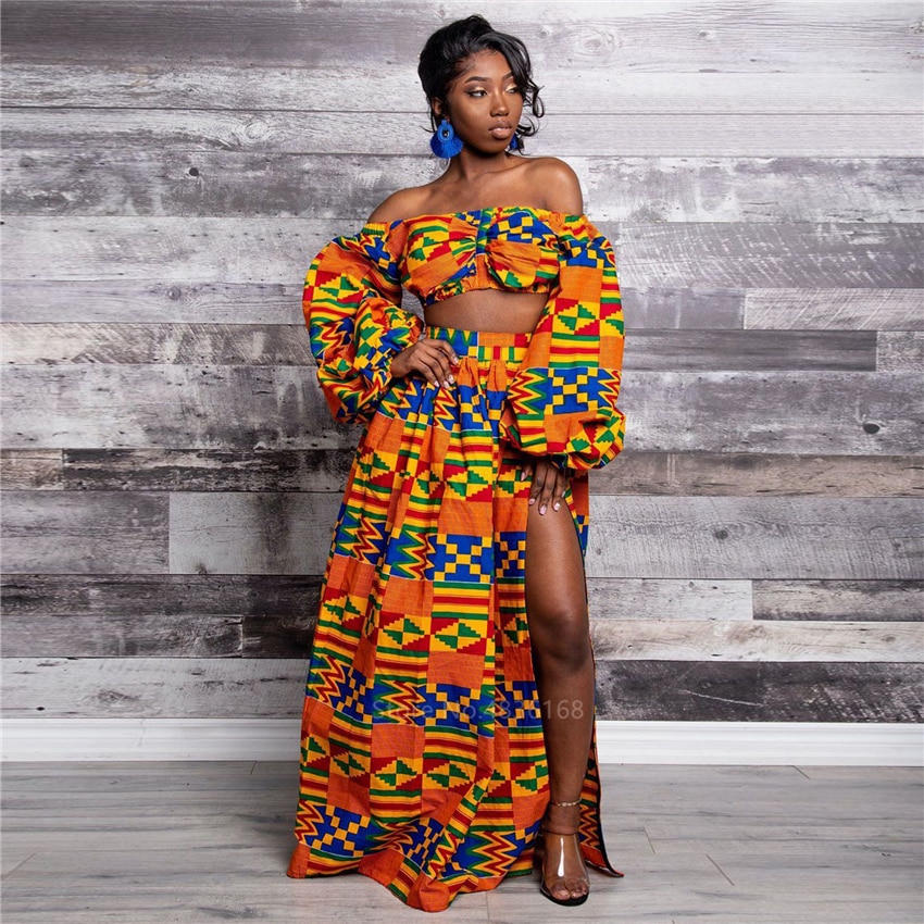 African Dresses for Women Autumn 2-piece Set Lady Full Sleeve Shoulder Off Festher Dashiki Print Split Skirts Africna Clothes