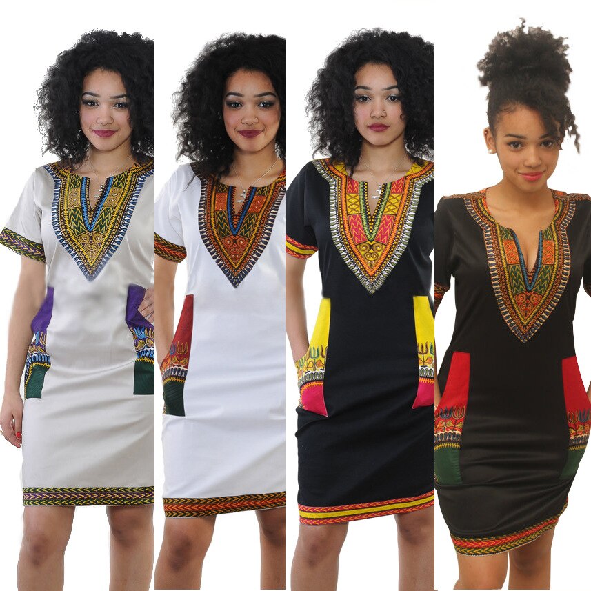 African Dresses for Women Summer 2022 Fashion Style African Women Short Sleeve V-neck Polyester Knee-length Dress