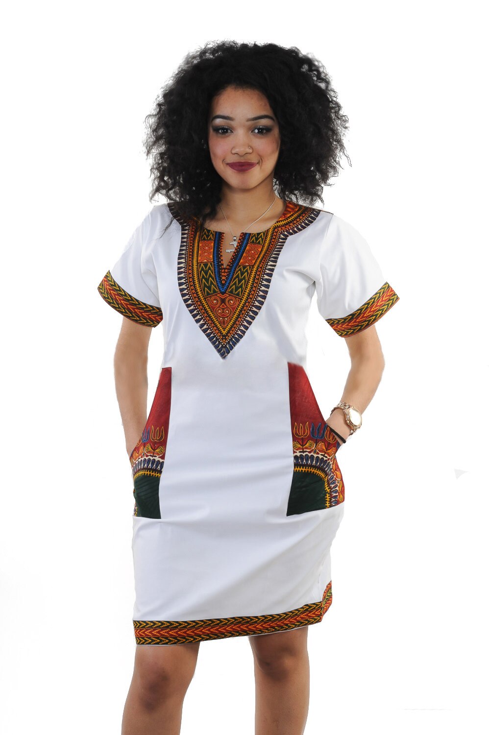 African Dresses for Women Summer 2022 Fashion Style African Women Short Sleeve V-neck Polyester Knee-length Dress