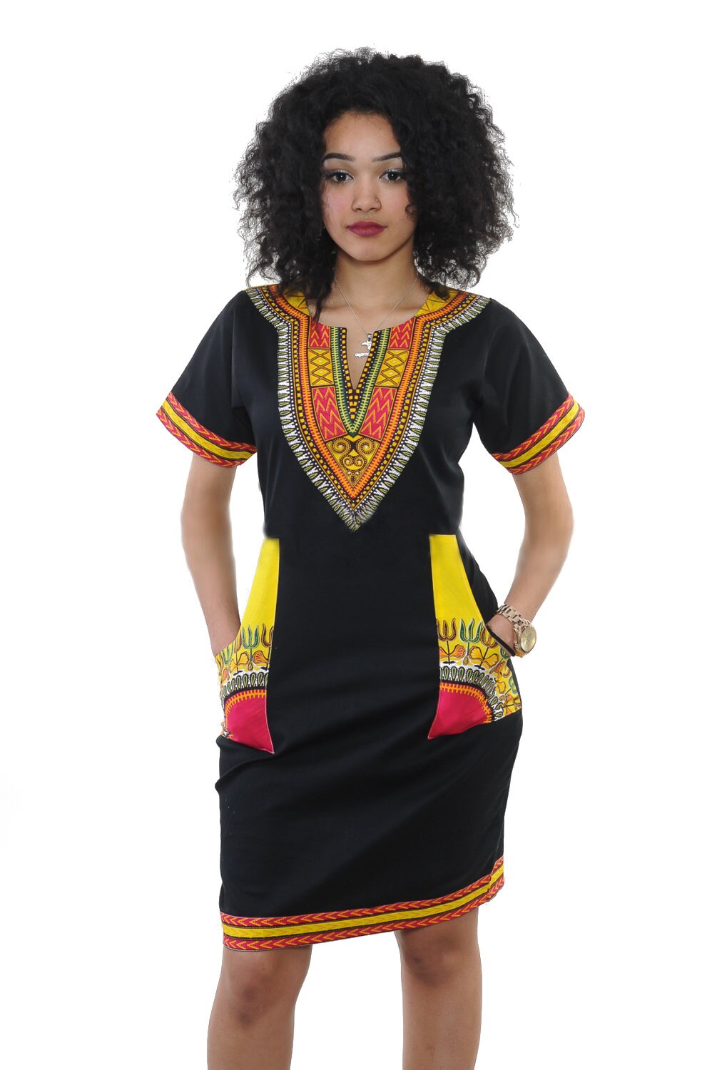 African Dresses for Women Summer 2022 Fashion Style African Women Short Sleeve V-neck Polyester Knee-length Dress