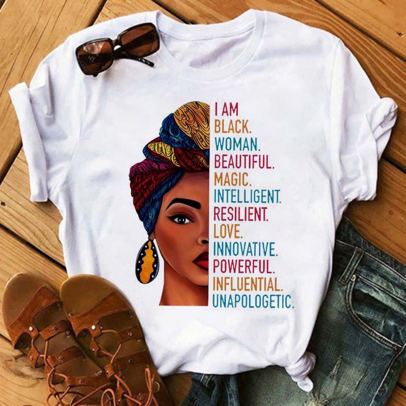 Maycaur Women Beautiful African White Funny Print T Shirt Girl Black Queen Harajuku Ulzzang Kawaii 90s Short Sleeves Clothes