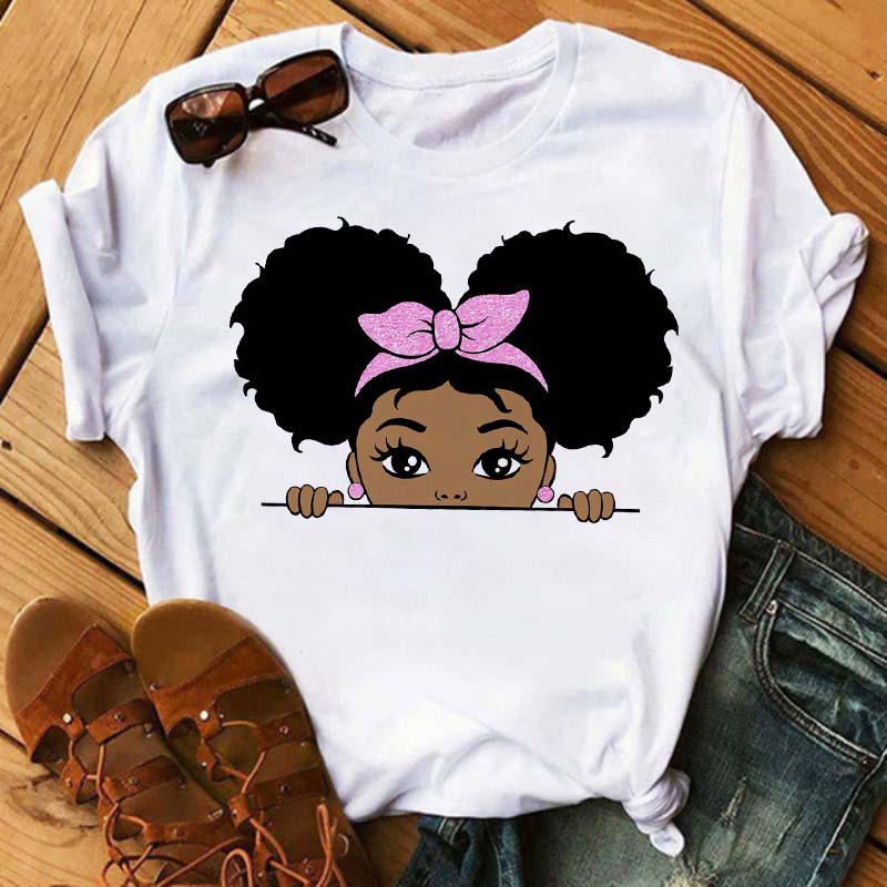 Maycaur Harajuku Black African Curly Hair Girls Tshirt Women Cartoon Graphic Print Tops Female T-shirt Cute Tee Friends T Shirts