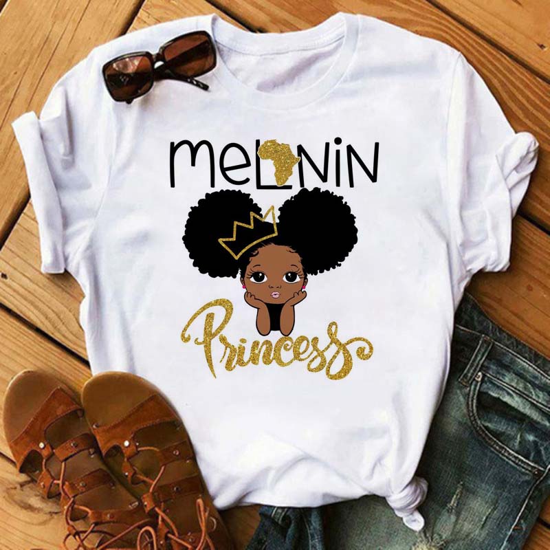 Maycaur Harajuku Black African Curly Hair Girls Tshirt Women Cartoon Graphic Print Tops Female T-shirt Cute Tee Friends T Shirts