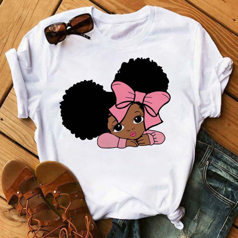 Maycaur Harajuku Black African Curly Hair Girls Tshirt Women Cartoon Graphic Print Tops Female T-shirt Cute Tee Friends T Shirts