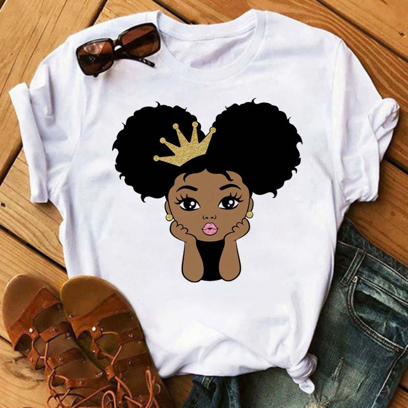 Maycaur Harajuku Black African Curly Hair Girls Tshirt Women Cartoon Graphic Print Tops Female T-shirt Cute Tee Friends T Shirts