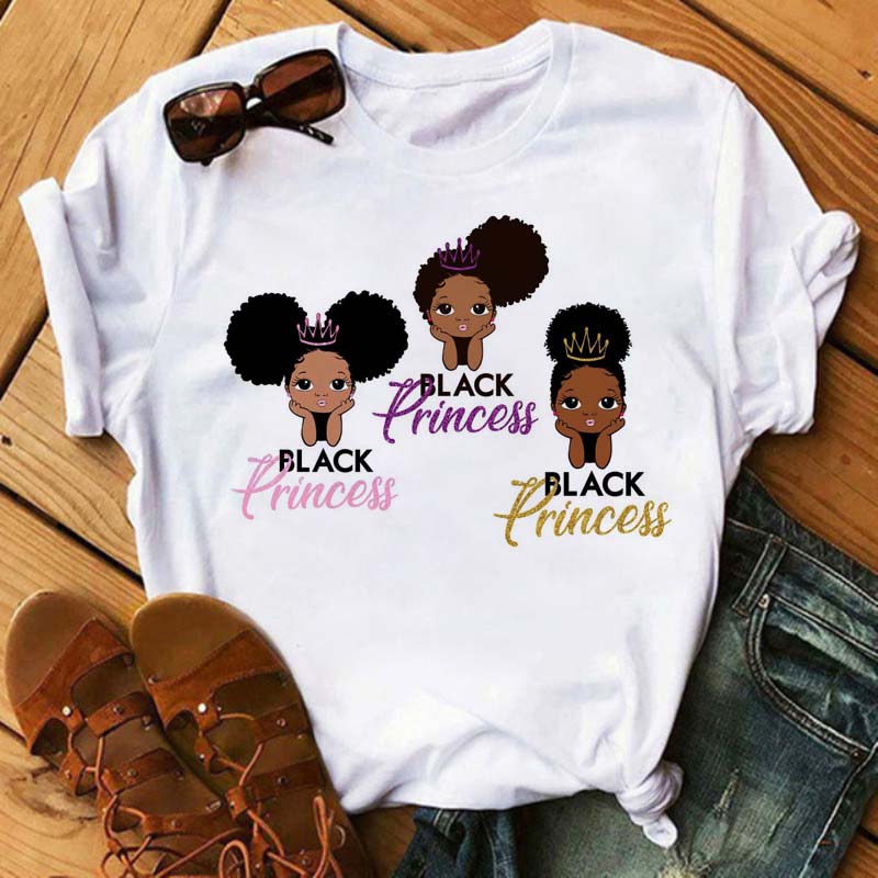 Maycaur Harajuku Black African Curly Hair Girls Tshirt Women Cartoon Graphic Print Tops Female T-shirt Cute Tee Friends T Shirts