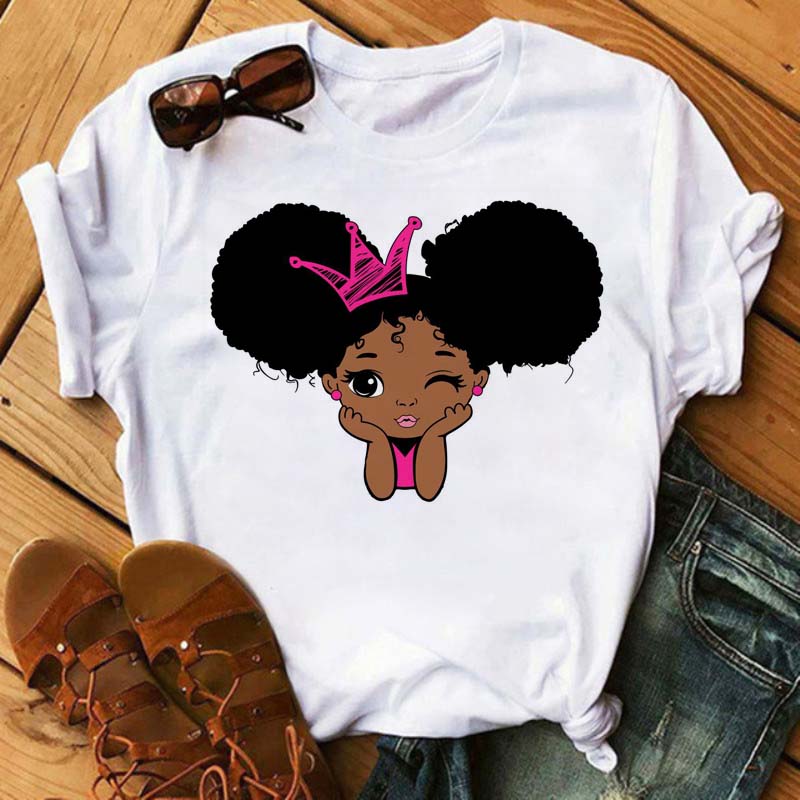 Maycaur Harajuku Black African Curly Hair Girls Tshirt Women Cartoon Graphic Print Tops Female T-shirt Cute Tee Friends T Shirts