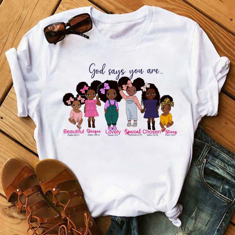 Maycaur Harajuku Black African Curly Hair Girls Tshirt Women Cartoon Graphic Print Tops Female T-shirt Cute Tee Friends T Shirts