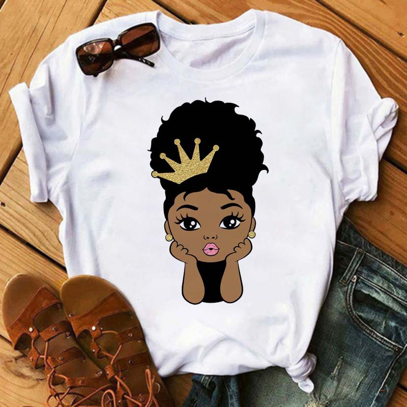 Maycaur Harajuku Black African Curly Hair Girls Tshirt Women Cartoon Graphic Print Tops Female T-shirt Cute Tee Friends T Shirts