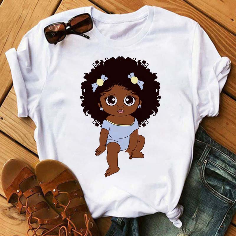 Maycaur Harajuku Black African Curly Hair Girls Tshirt Women Cartoon Graphic Print Tops Female T-shirt Cute Tee Friends T Shirts