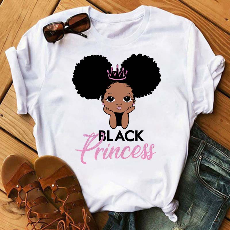 Maycaur Harajuku Black African Curly Hair Girls Tshirt Women Cartoon Graphic Print Tops Female T-shirt Cute Tee Friends T Shirts