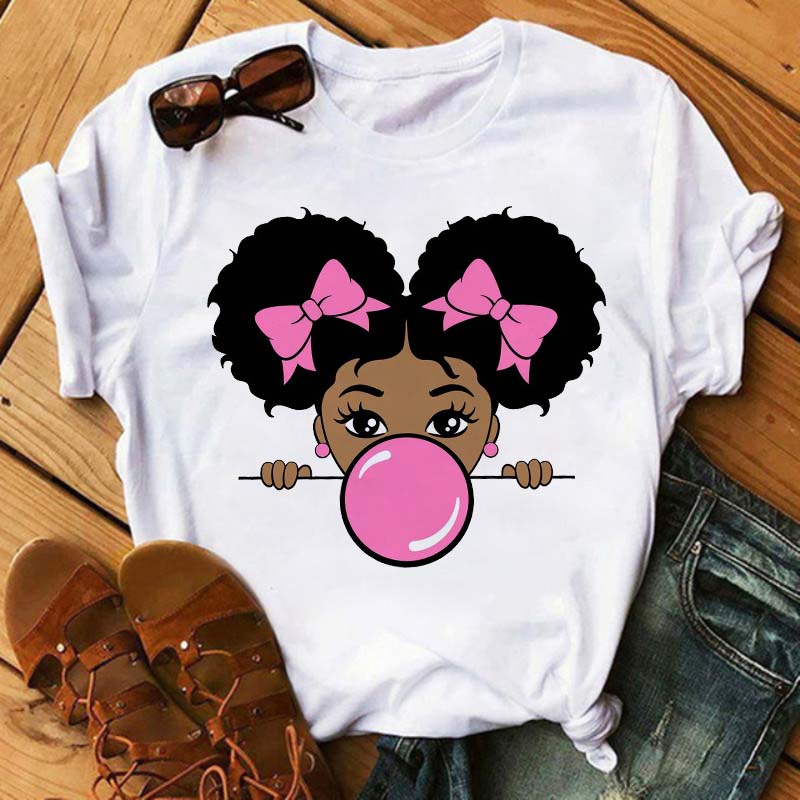 Maycaur Harajuku Black African Curly Hair Girls Tshirt Women Cartoon Graphic Print Tops Female T-shirt Cute Tee Friends T Shirts