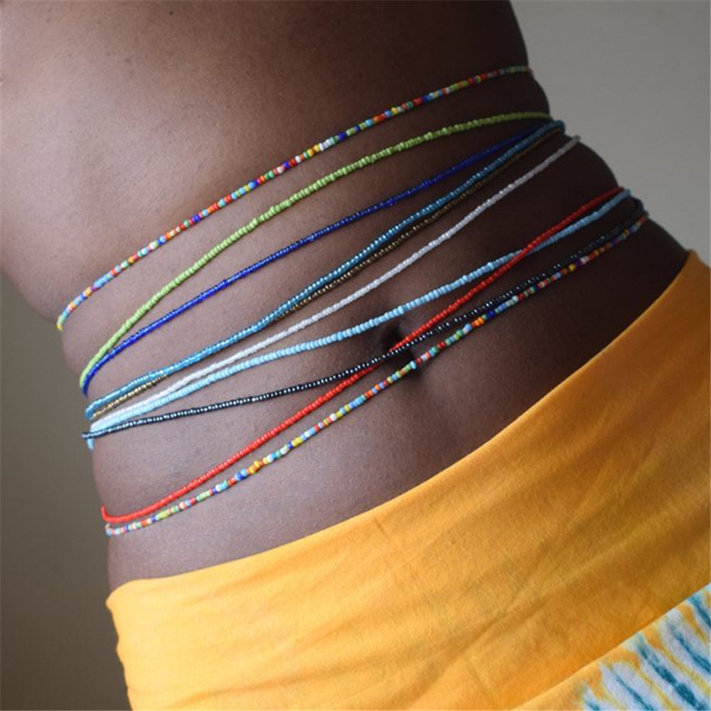 Tie-on Africa Waist Beads Chain Thread Stomach Beads Tie Waist Minimalist Body Jewelry for Women Exotic Stretch Waistbeads L-4F