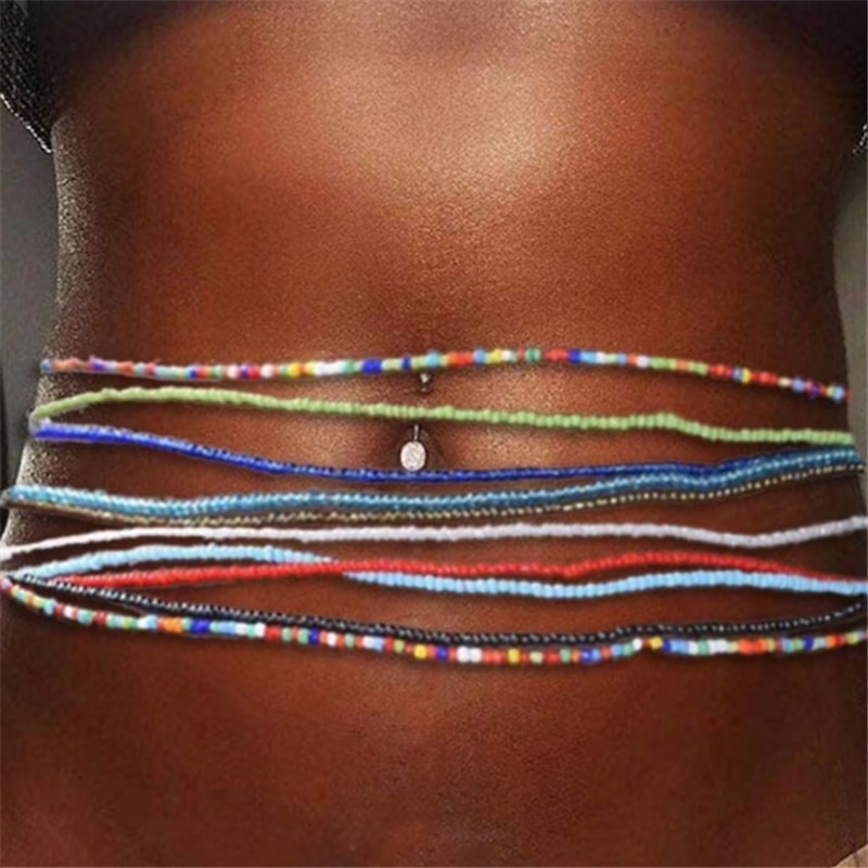 Tie-on Africa Waist Beads Chain Thread Stomach Beads Tie Waist Minimalist Body Jewelry for Women Exotic Stretch Waistbeads L-4F