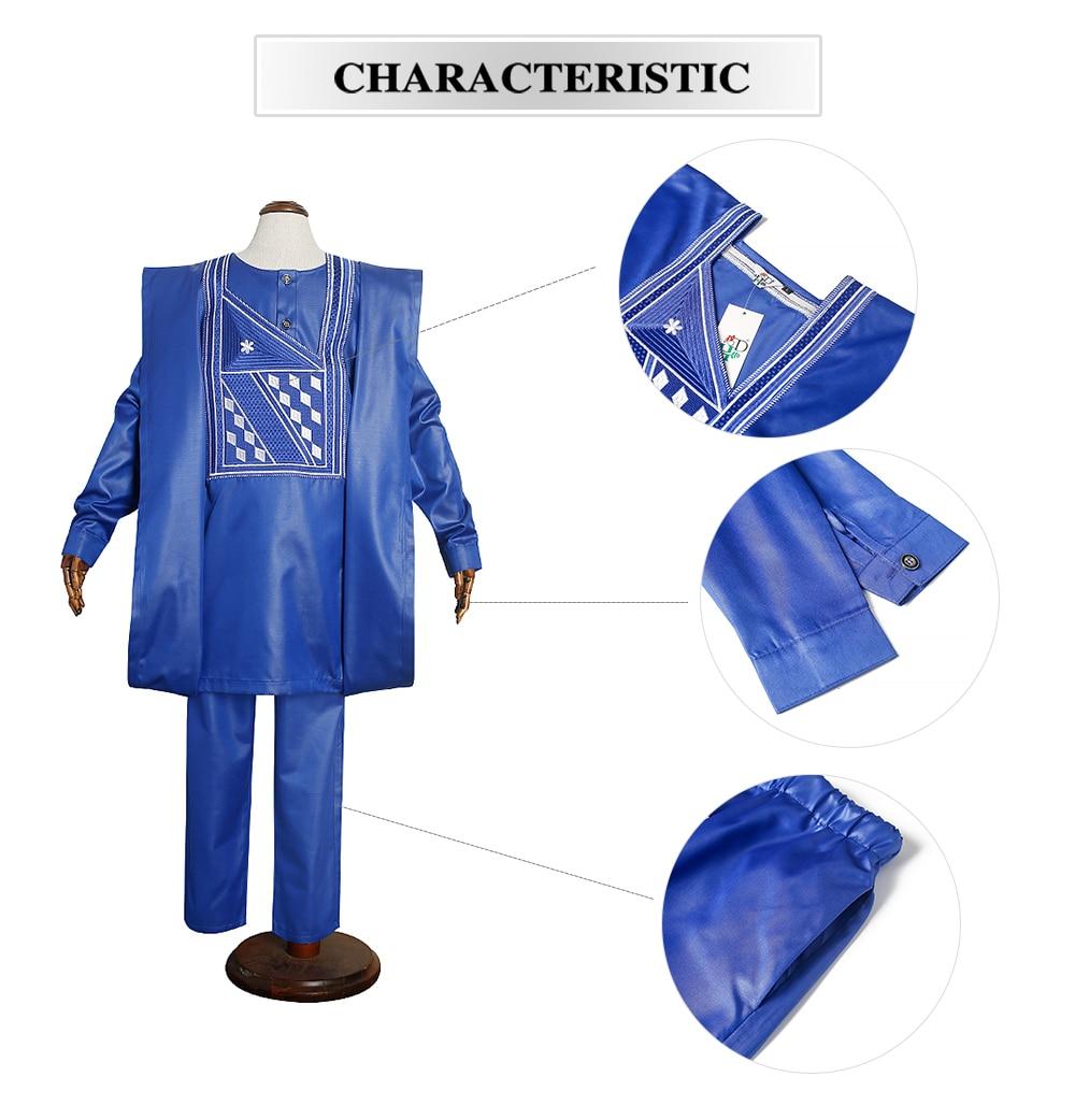 H&D 2022 African Tradition Clothes For Kids Boys White Blue Long Sleeve Tops Embroidery Dashiki Robe Shirt Pant Set 3 PCS