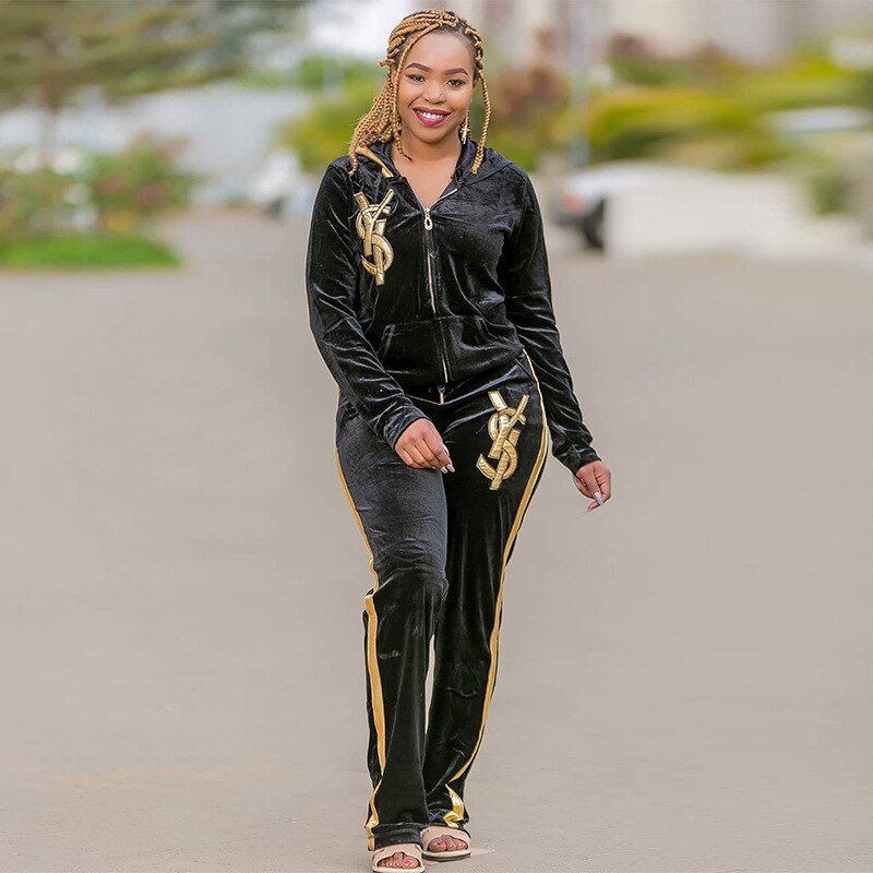 African Dashiki Velvet Two Piece Sets Women Tops And Skinny Pants Matching Sets Fashion Letter Print Tracksuit Africa Women Sets