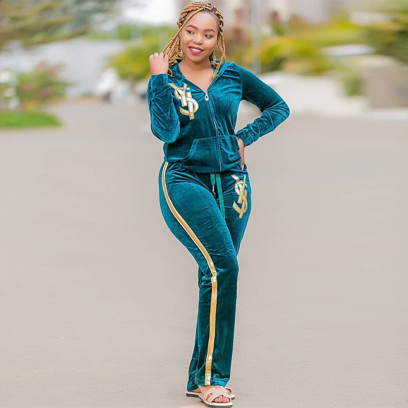 African Dashiki Velvet Two Piece Sets Women Tops And Skinny Pants Matching Sets Fashion Letter Print Tracksuit Africa Women Sets