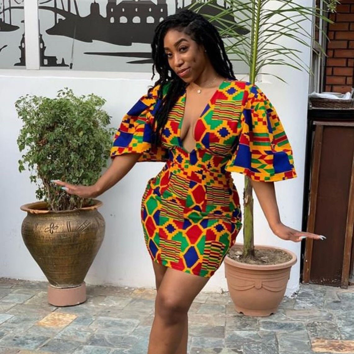 African Dresses for Women 2021 New Fashion Summer V-neck African Short Sleeve Printing Dress African Women Clothes