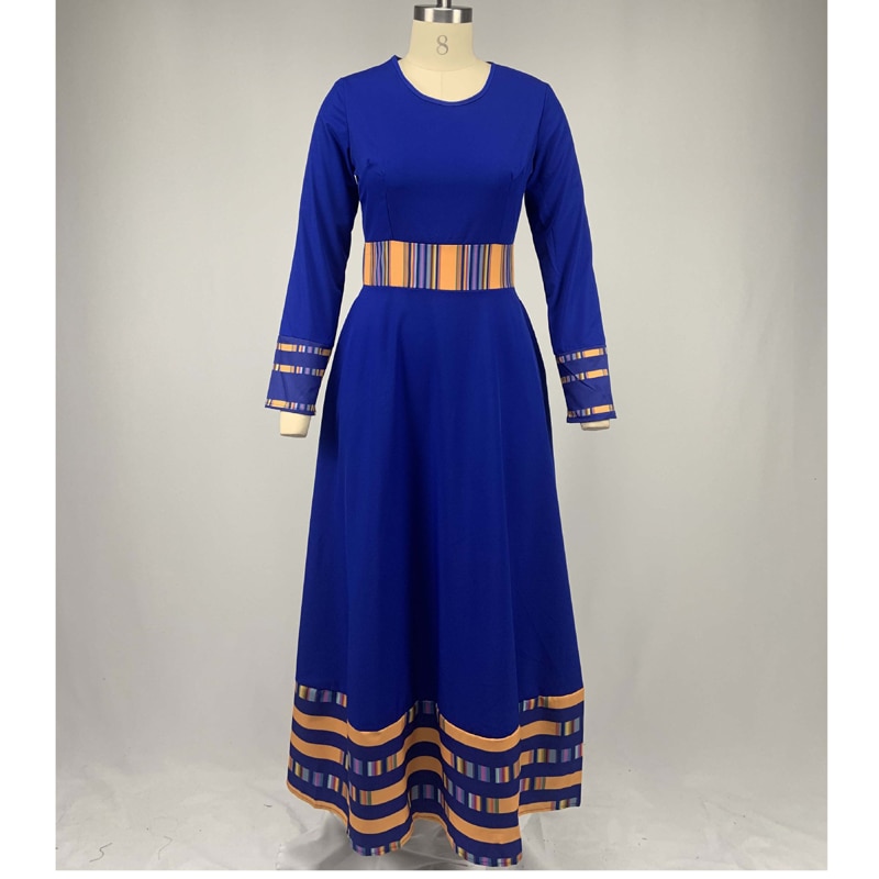 Summer Women's African Traditional Fashion Dress O Neck High Waist Large Size Big Swing Long Sleeve Maxi Dress New Style 2022