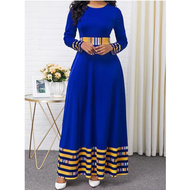 Summer Women's African Traditional Fashion Dress O Neck High Waist Large Size Big Swing Long Sleeve Maxi Dress New Style 2022