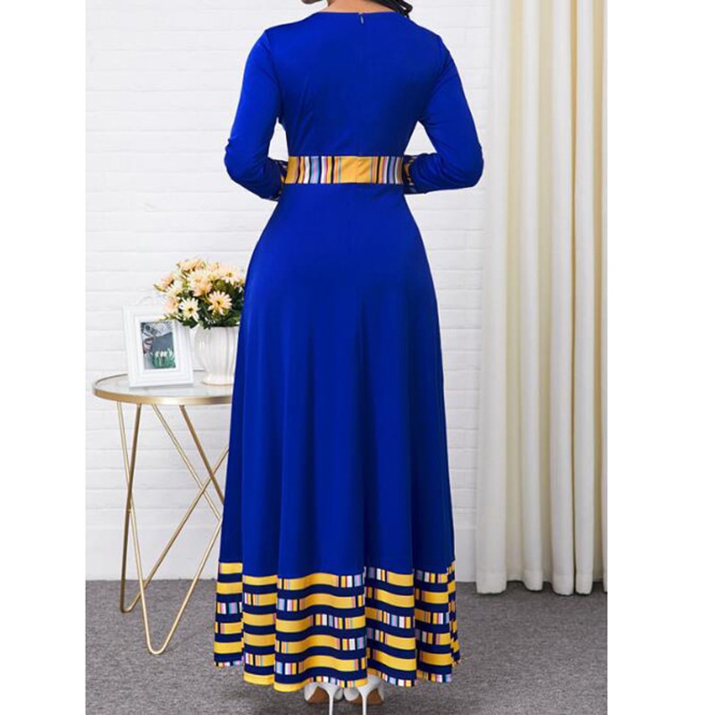 Summer Women's African Traditional Fashion Dress O Neck High Waist Large Size Big Swing Long Sleeve Maxi Dress New Style 2022