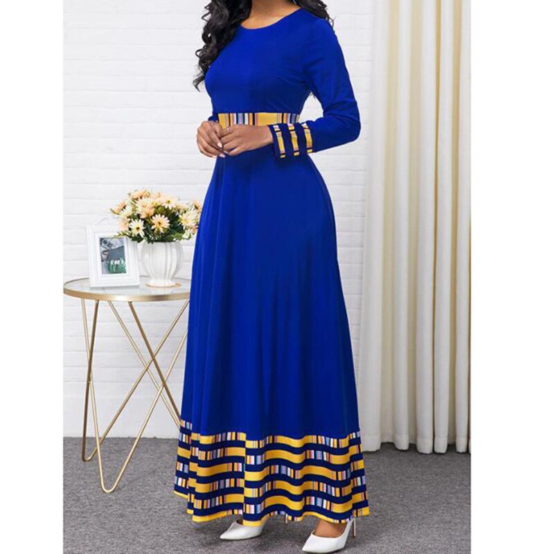 Summer Women's African Traditional Fashion Dress O Neck High Waist Large Size Big Swing Long Sleeve Maxi Dress New Style 2022