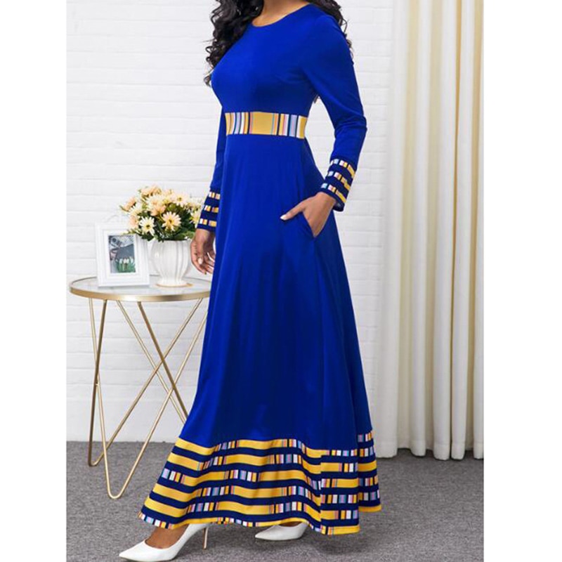 Summer Women's African Traditional Fashion Dress O Neck High Waist Large Size Big Swing Long Sleeve Maxi Dress New Style 2022