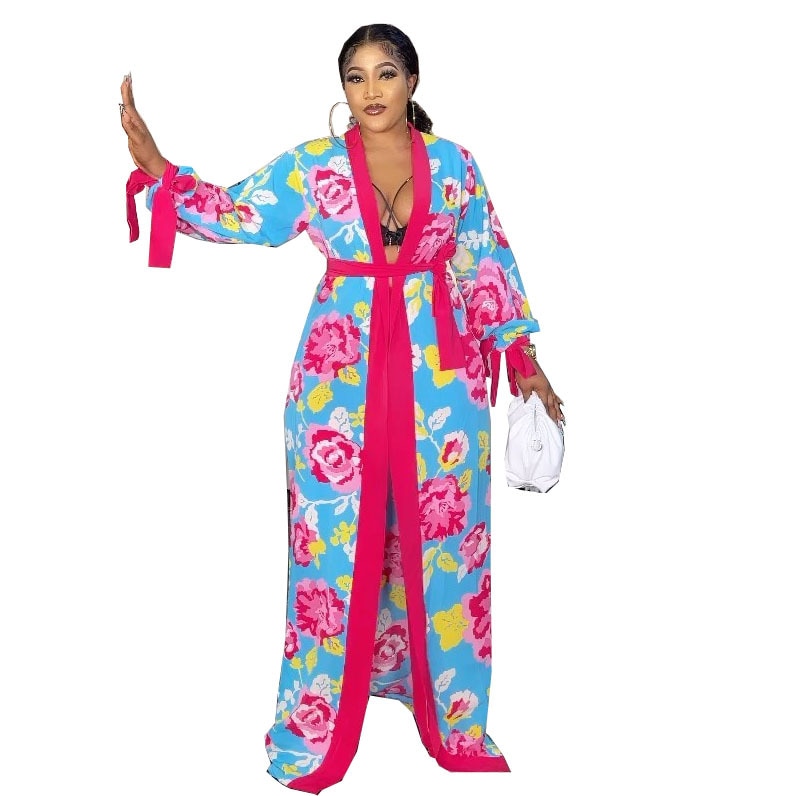 2 Piece Robes Set African Clothes Women Dress Pant Suits Set Fashion Floral Print Traditional Bazin Riche African Kanga Clothing