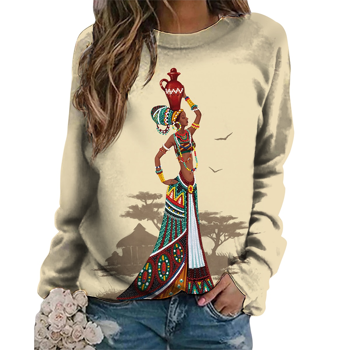 Lovely Girls Ethnic Style 3D Printed Women Casual Long Sleeve Pullover T Shirts Folk Style African Traditional Outwear Clothing