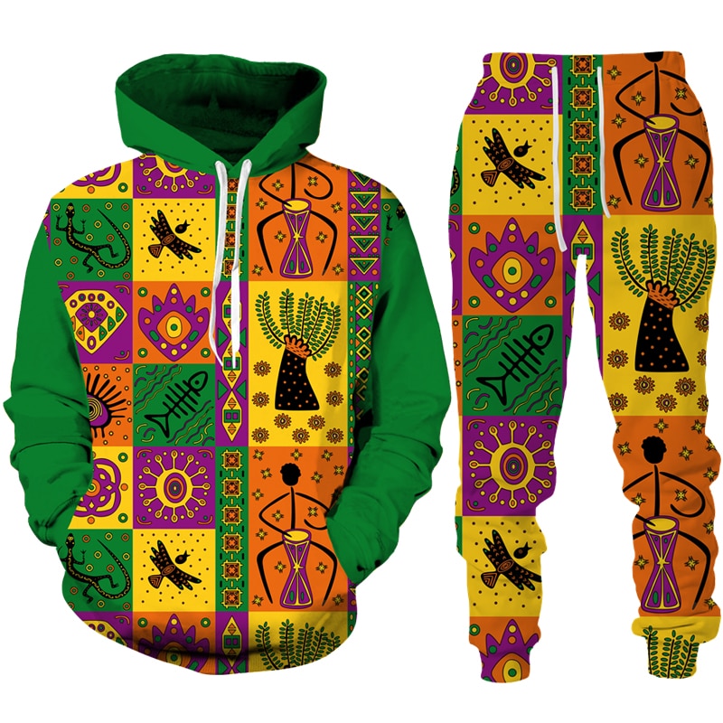 New Colorful African Folk-Custom Print Unisex Hoodie/Pants/Suit Dashiki Ethnic Two Piece Tracksuit Set Fashion Couple Sportswear