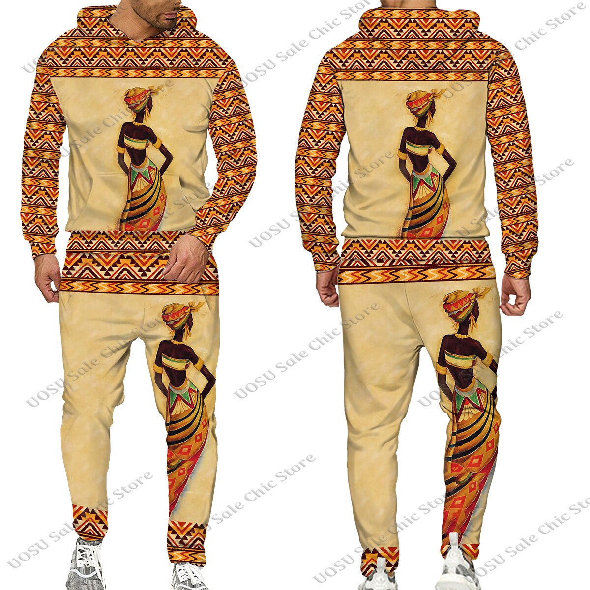 Men Ethnic African Female Print Women/Men's Hoodie Suit Africa Sets/Tops/Pants Leisure Male Tracksuit Couple Traditional Clothes