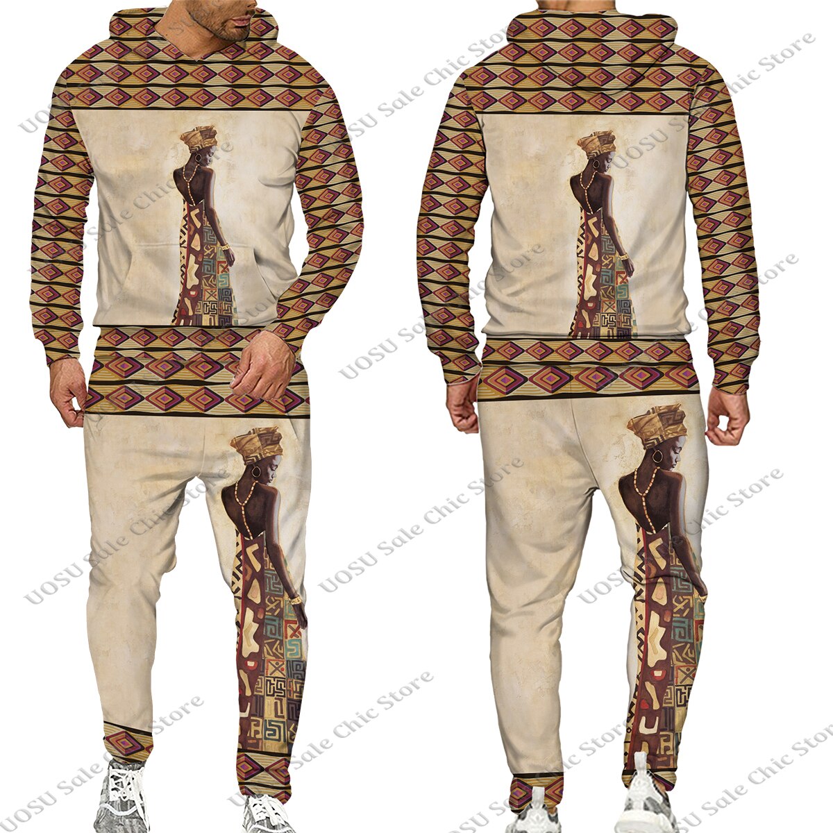 Men Ethnic African Female Print Women/Men's Hoodie Suit Africa Sets/Tops/Pants Leisure Male Tracksuit Couple Traditional Clothes