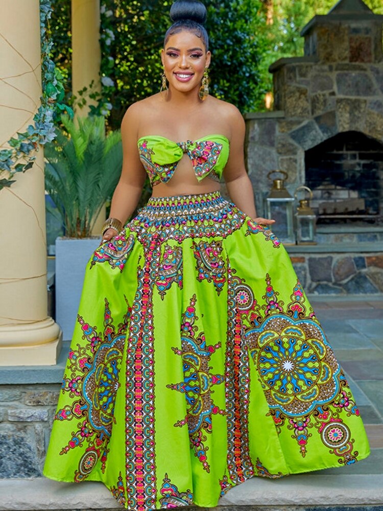 Dashiki African Fashion Long Skirt green