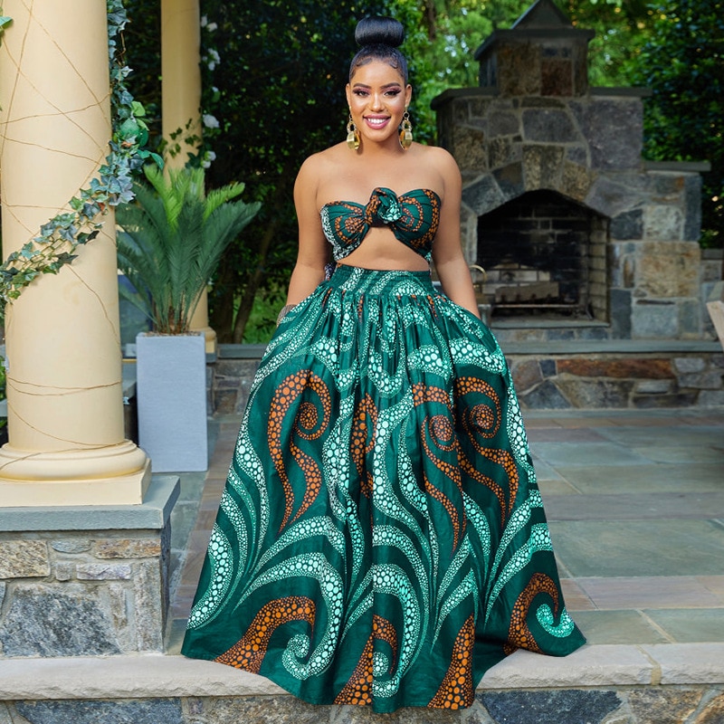 Polyester Summer African Clothes For Women Two Piece Set Dashiki Fashion Sets Long Skirt Suits Outfits Party Vetement Femme