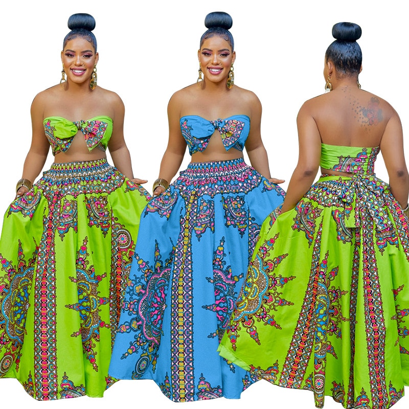 Polyester Summer African Clothes For Women Two Piece Set Dashiki Fashion Sets Long Skirt Suits Outfits Party Vetement Femme