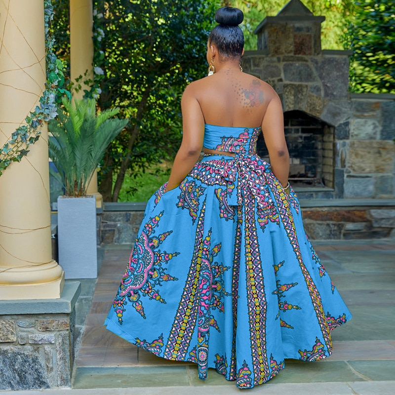 Polyester Summer African Clothes For Women Two Piece Set Dashiki Fashion Sets Long Skirt Suits Outfits Party Vetement Femme