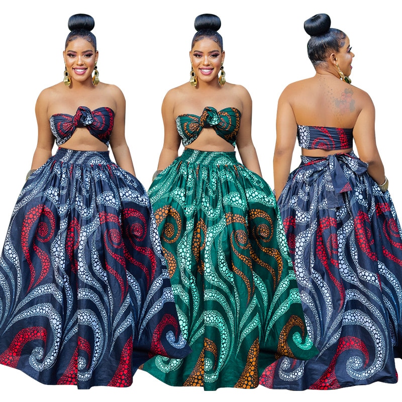 Polyester Summer African Clothes For Women Two Piece Set Dashiki Fashion Sets Long Skirt Suits Outfits Party Vetement Femme