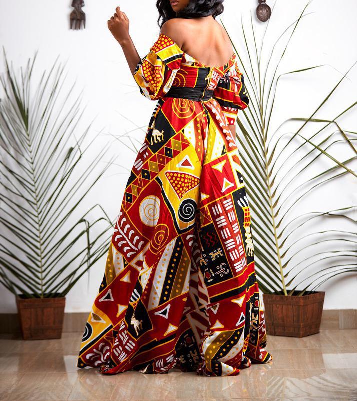 African Women Dress Dashiki Print Ankara Dresses Summer Sexy V-neck Backless High-waist Maxi Dress Kanga Clothing