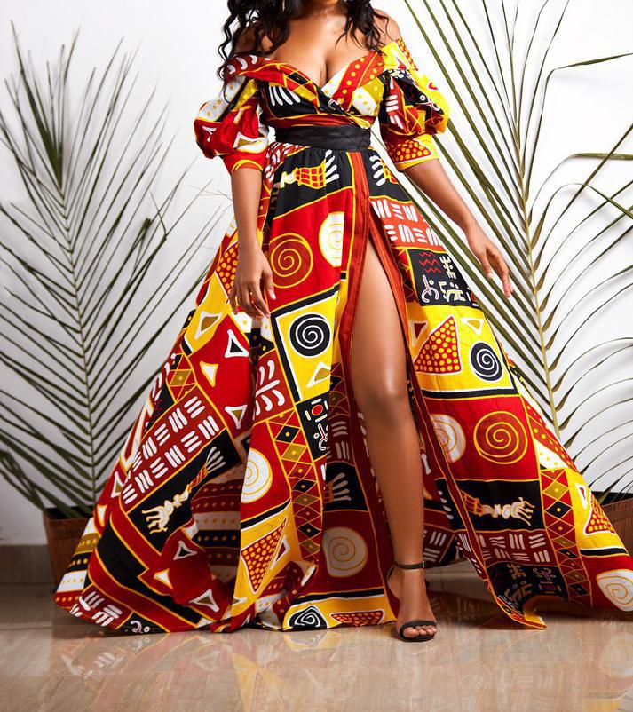 African Women Dress Dashiki Print Ankara Dresses Summer Sexy V-neck Backless High-waist Maxi Dress Kanga Clothing