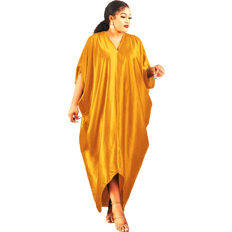 African Dresses For Women Plus Size Robe Africaine Abaya Kaftan Dress Muslim Solid V Neck Bat Sleeve Vestidos Partyclub 2022