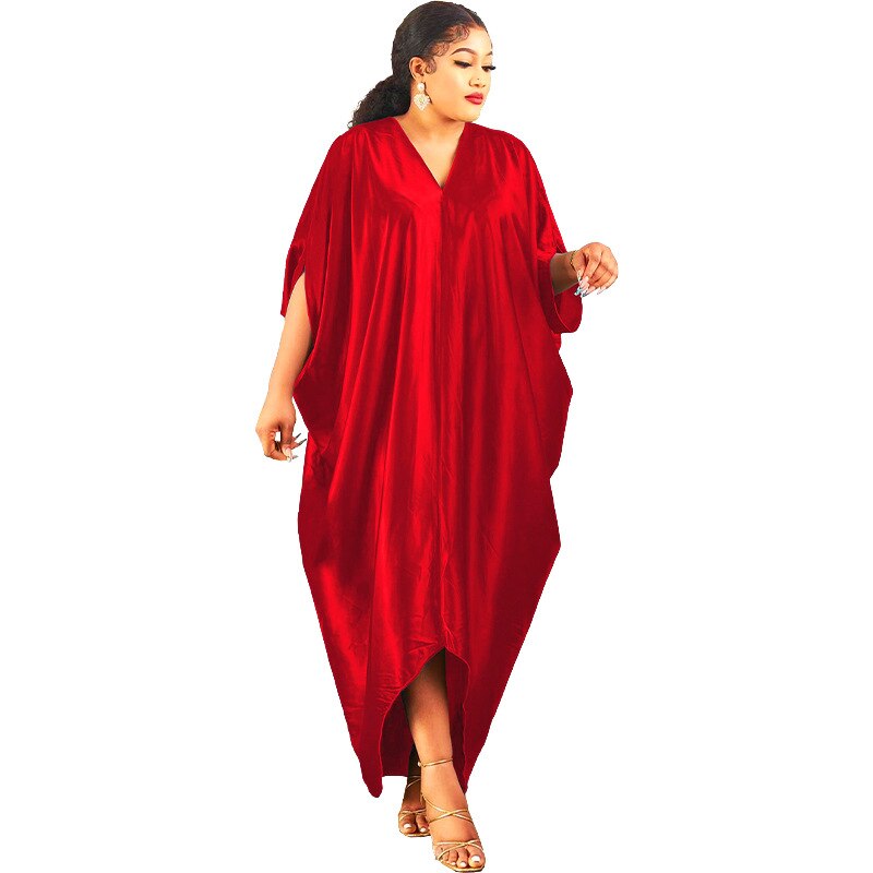 African Dresses For Women Plus Size Robe Africaine Abaya Kaftan Dress Muslim Solid V Neck Bat Sleeve Vestidos Partyclub 2022