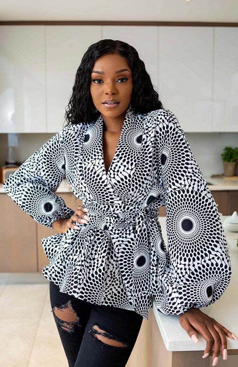 African Clothes for Women 2021 Summer African Women V-neck Polyester Printing Long Sleeve T-shirt Women Top African Clothing